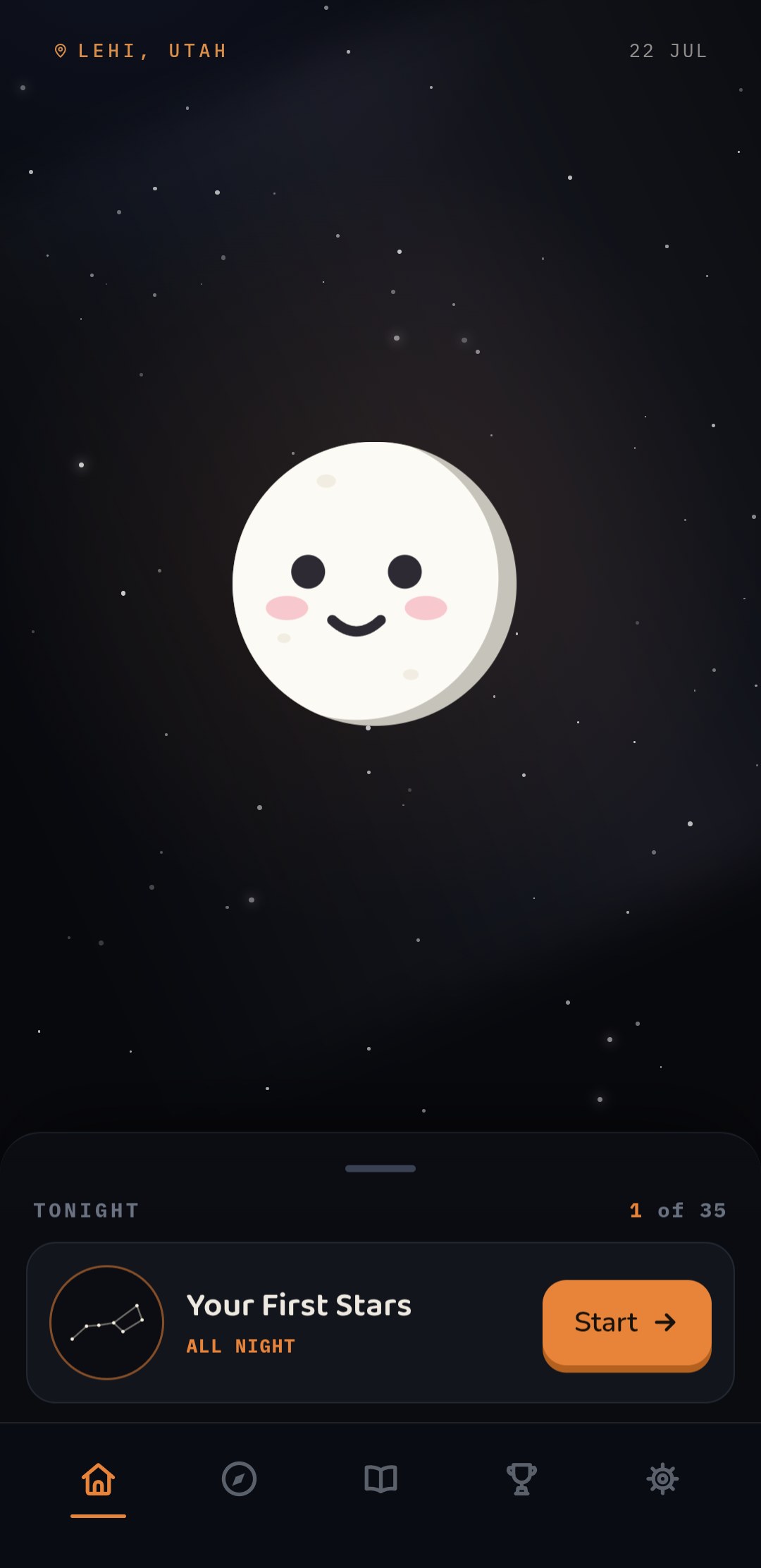 App screen: the home screen for Lehi, Utah, with the moon mascot and tonight's tour, 'Your First Stars', ready to start.