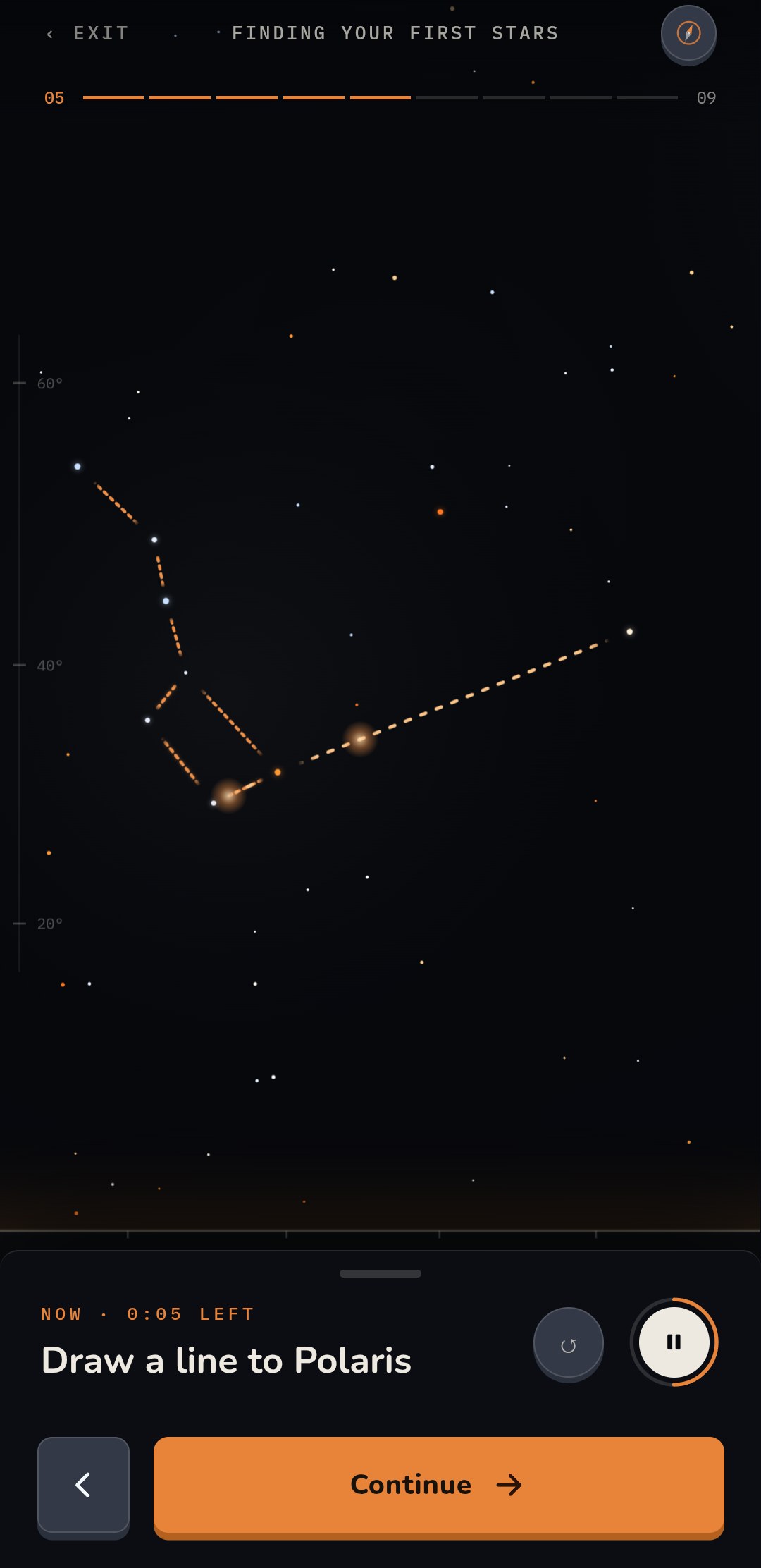 App screen: a tour step titled 'Draw a line to Polaris', showing the Big Dipper with a dashed line traced out to Polaris, and a Continue button.